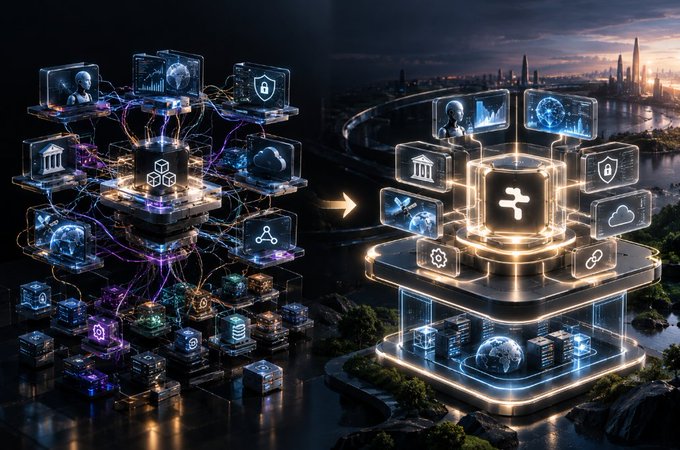 A futuristic digital illustration contrasts a chaotic, disorganized network of holographic screens on the left with a clean, structured version on the right, connected by an arrow over a river landscape.