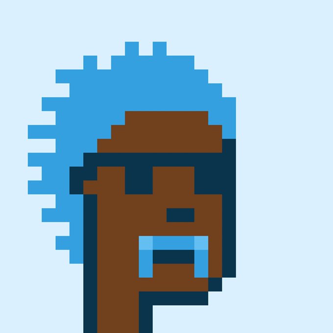 A pixel art portrait of a character with blue hair and blue-tinted glasses against a light blue background.