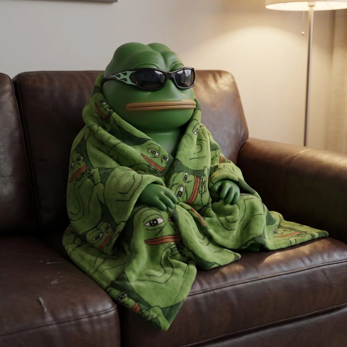 A Pepe the Frog plush toy wearing sunglasses is wrapped in a green blanket featuring a repeating Pepe pattern, sitting on a brown leather couch next to a lit floor lamp.