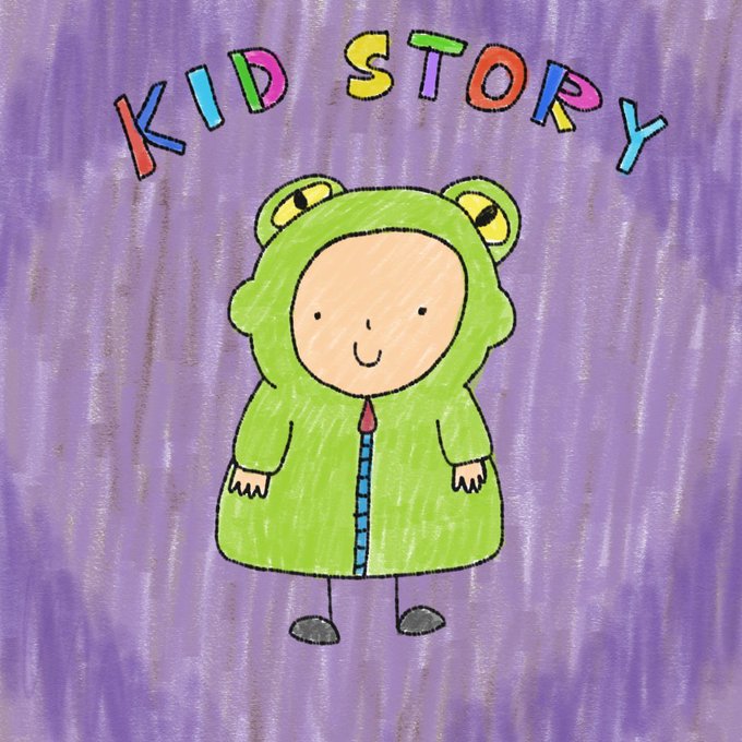 A child-like hand-drawn illustration on a purple background showing a figure in a green frog costume with the colorful text 'KID STORY' arched above.
