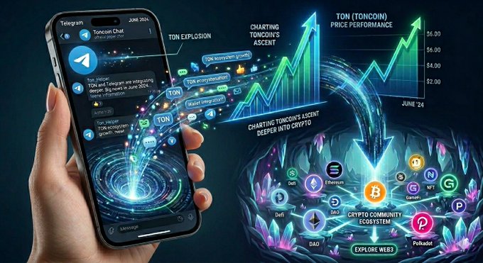 In the image, there is an illustration of a smartphone showing various apps and a chat window with blue and green colors. The main app displayed on the screen is called "TON", which might be related to cryptocurrencies or trading. A person's hand can be seen holding the phone in front of it. Additionally, there are icons representing different cryptocurrency symbols like Bitcoin (BTC), Ripple (XR), and Etherium (ETH). The overall theme suggests that someone has started exploring the world of cryptocurrencies through their phone apps.