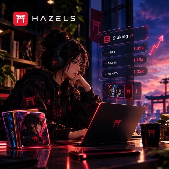 A neon cyberpunk-style Hazels NFT staking advertisement shows a woman at a laptop with headset, alongside text reading “Staking,” “1 NFT 1.05x,” “5 NFTs 1.13x,” and “10 NFTs 1.23x.”