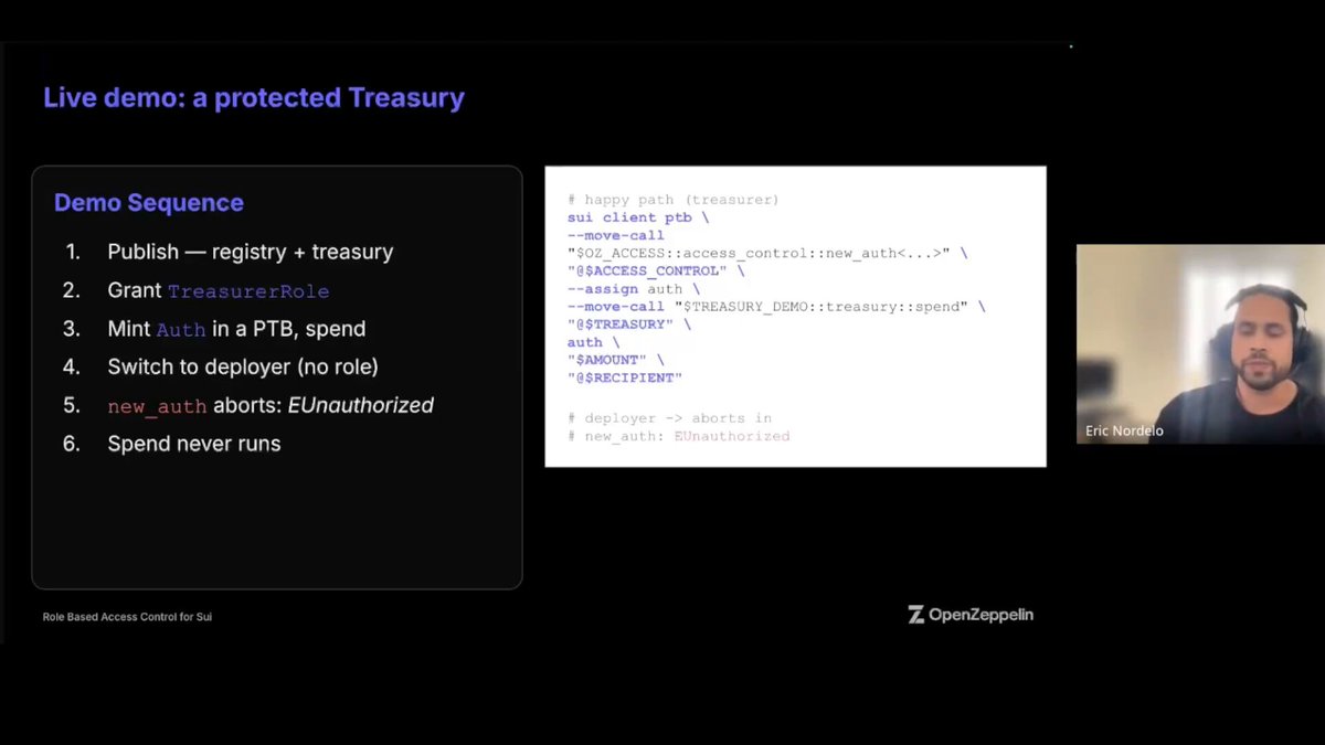 The image shows a presentation slide with a man wearing headphones sitting at his computer screen. The slide has text that says "Live Demo - Protected Treasury", indicating that there's an ongoing demonstration or tutorial related to role-based access control (RBAC) in a protected environment, such as a treasury system.