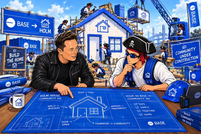 A colorful digital illustration depicts Elon Musk and a pirate character planning a 'BASE HOLM' construction project, reviewing blueprints with sections labeled 'WALLS -> BUILDERS', 'ROOF -> TIME', 'WINDOWS -> TRANSPARENCY', and 'DOOR OPEN'.