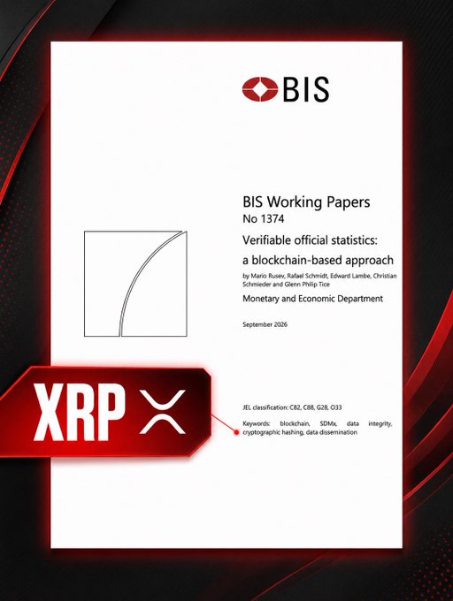 The image displays a BIS (Bank for International Settlements) Working Paper No. 1374 titled "Verifiable official statistics: a blockchain-based approach," dated September 2026, by Mario Rusev, Rafael Schmidt, Edward Lombe, Christian Schmieder, and Glenn Philipp Tce from the Monetary and Economic Department. Overlaid in the foreground is a red "XRP" logo, connecting the BIS research to the accompanying comment promoting XRP community awareness about blockchain applications for official statistics verification.