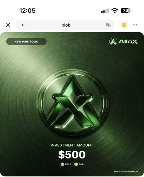 A screenshot of an AlloX "NEW PORTFOLIO" card featuring a green metallic logo, displaying an investment amount of $500 in BTCB and BNB. The image directly illustrates the post, showcasing the newly created crypto investment portfolio on the AlloX platform.