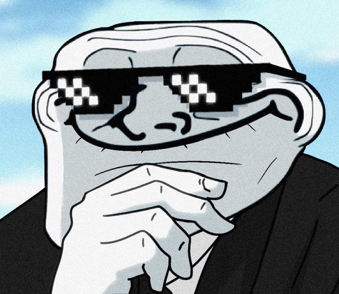 The image features a cartoon character, likely a man or a woman, wearing sunglasses and a suit. The character has their hand placed over their mouth with their chin resting on their hand, giving off a thoughtful expression. The caption of the image reads "$TROLL looks so good here New month World going to shit again Crypto markets shit Boomers shitting on crypto with equites Chaos isencing everywhere Only meme that knows what to do in times like these". This humorous and satirical caption adds a touch of wit to the image, making it more engaging for viewers.