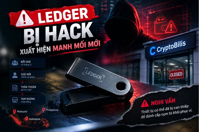 A Vietnamese-language news graphic reporting 'LEDGER BỊ HACK XUẤT HIỆN MẠNH MỚI MỚI' (Ledger Hacked, New Variant Appears), showing a Ledger hardware wallet and a hooded figure outside a 'CryptoBilis' storefront marked 'CLOSED,' noting impacts in Malaysia, Philippines, and Indonesia.