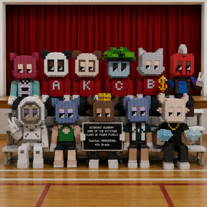 A group of blocky, pixelated character figures sits on bleachers in front of a red curtain, with a chalkboard reading 'BITBEAST ACADEMY HOME OF THE ATTITUDE CLASS OF FEWER PIXELS Teacher: MARVERSAL 4th Grade'.