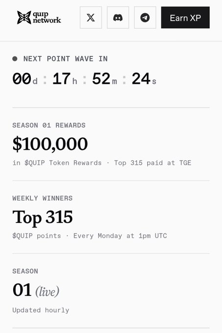 A Quip Network point wave page showing a countdown timer, a $100,000 prize pool in $QUIP token rewards, and a Top 315 weekly winners leaderboard for Season 01.