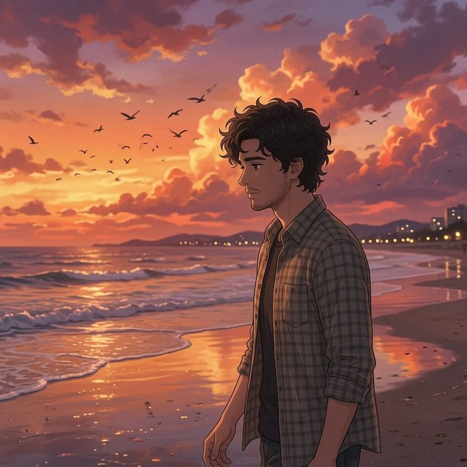 An anime-style illustration of a young man with curly dark hair wearing a plaid shirt, standing on a beach at sunset with dramatic pink and orange clouds, seagulls flying overhead, and a coastal city skyline in the distance.