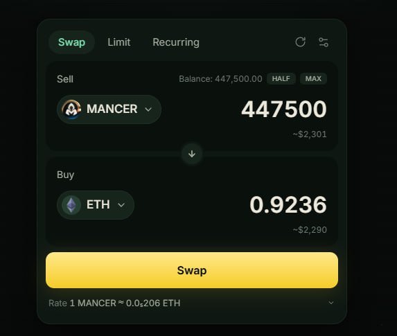 A screenshot of a cryptocurrency swap interface showing a trade to sell 447,500 Mancer tokens for 0.9236 ETH at a rate of 1 Mancer ≈ 0.000206 ETH.
