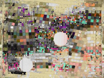 An abstract collage-style artwork composed of many small colorful squares and rectangles, featuring muted earth tones, purples, and two circular white shapes.