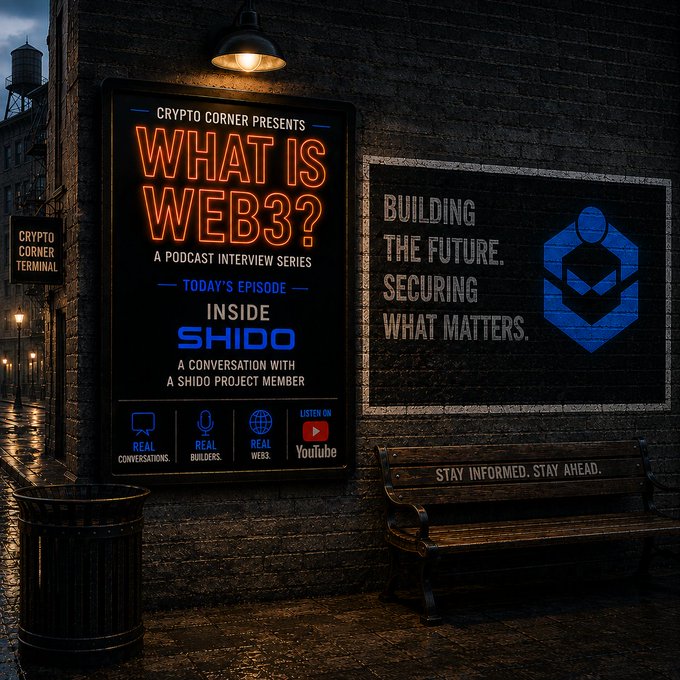 A moody alleyway scene features neon-lit posters advertising "WHAT IS WEB3?" by Crypto Corner and "BUILDING THE FUTURE. SECURING WHAT MATTERS." for SHIDO, with a bench reading "STAY INFORMED. STAY AHEAD."