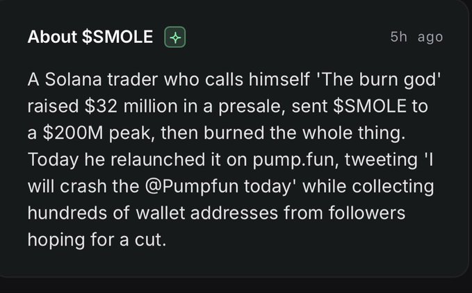 A social media post from 5 hours ago provides context about $SMOLE, stating that a Solana trader called "The burn god" raised $32 million in a presale, sent the token to a $200M peak, then burned it all before relaunching on pump.fun with promises to "crash" the platform. This background about the token's chaotic history ties into the accompanying post announcing the first mention of $SMOLE alongside @PumpfunEco and @Pumpfun.