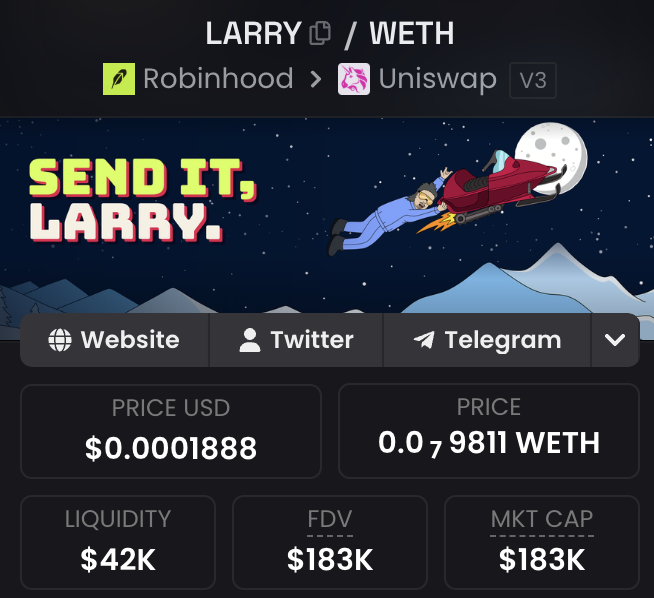 A crypto token tracker displays the LARRY/WETH pair on Uniswap V3, featuring a cartoon of a man in a spacesuit riding a rocket toward the moon with the text "SEND IT, LARRY." alongside key metrics including a $0.0001888 USD price, $42K liquidity, and $183K FDV/Market Cap, visually supporting the post's endorsement of the meme token as an undervalued opportunity encouraging holders to "send LARRY to millions."