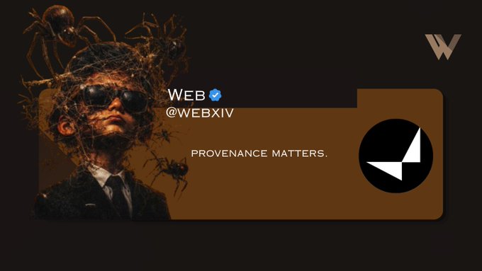 A Twitter profile card for 'WEB (@WEBXIV)' with the tagline 'PROVENANCE MATTERS.' alongside an artistic image of a man in sunglasses with ants crawling on his face.
