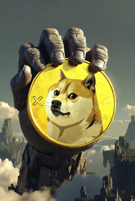 A giant stone hand emerges from clouds and rocky spires, gripping a gold coin featuring a Shiba Inu dog's face and an "X" symbol, symbolizing Dogecoin ($DOGE) being held up to the sky as a monumental, treasured asset.