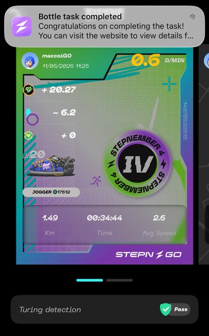 The image shows a phone screen displaying a fitness app that tracks steps taken, distance traveled, and calories burned during a workout session. The app also provides information about the user's progress towards their fitness goals. The background of the image features a purple and green color scheme with a logo for "stepn go".