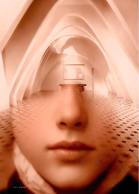 An artistic double-exposure photograph blending a woman's face with an interior hallway featuring Gothic-style arched ceilings and patterned tile flooring, signed 'CALA HINOSTRA'.