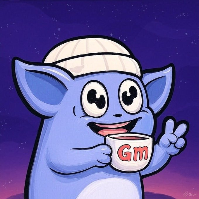 A blue cartoon character wearing a nightcap, holding a mug labeled 'GM' while making a peace sign against a purple starry background, with a Grok watermark.