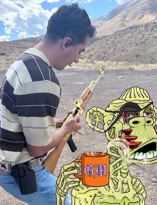 A person holding a rifle stands outdoors on a dirt road, edited next to a green skeletal cartoon character holding an orange mug labeled 'GM'.