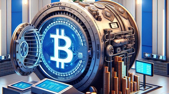 A digital rendering of a large vault door displaying a glowing blue Bitcoin (₿) symbol on its circular face, surrounded by stacks of coins and digital screens.