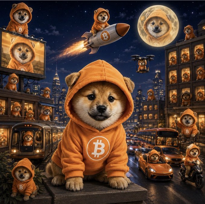 The image features a group of small dogs wearing orange hoodies with the word "BET" written on them, sitting or standing around each other. The background shows a cityscape with buildings and cars, creating an urban setting for the dogs. The caption reads, "When the time comes, you’ll see $DOG everywhere. On your timeline." This suggests that the image is related to a post about Bitcoin or digital currency, possibly featuring the dogs as a symbol of the value or popularity of the cryptocurrency.