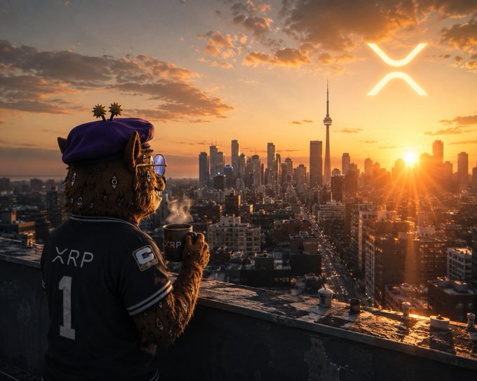 An XRP mascot wearing a "XRP 1" jersey and sunglasses sips coffee from an "XRP" mug while overlooking a sunrise over a city skyline, with the XRP logo glowing in the sky—symbolizing the calm conviction and steady building called for in the morning message to the XRP Army.