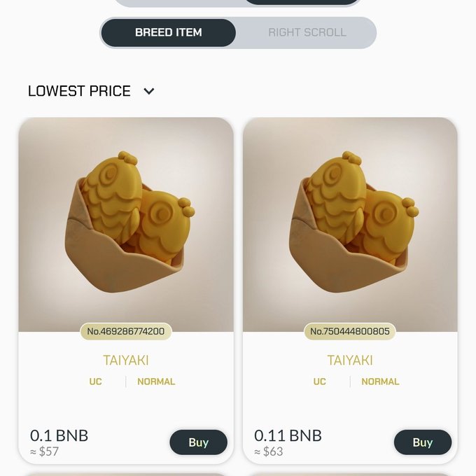 A digital marketplace listing showing two TAIYAKI (fish-shaped cake) items priced at 0.1 BNB ($57) and 0.11 BNB ($63), labeled 'UC | NORMAL' under a 'BREED ITEM' tab.
