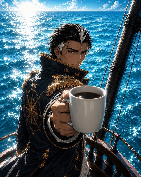 A digital illustration of a dark-haired man in an ornate blue and gold naval-style coat holding out a white coffee mug, standing on a ship with sparkling blue ocean in the background.