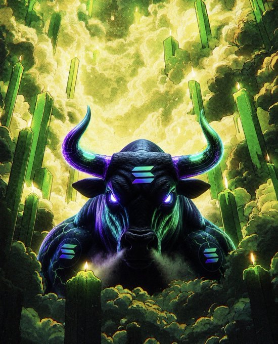 A stylized digital illustration of a muscular bull with glowing blue eyes and purple-cyan horns, surrounded by green candles and a nebulous green cosmic background, featuring Solana logo symbols on its body.