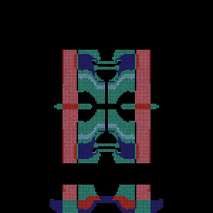 A pixel art texture map on a black background, featuring symmetrical patterns of green, pink, blue, and brown squares, likely for a 3D model.