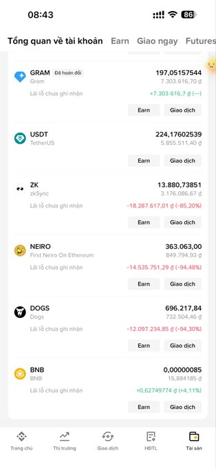 A cryptocurrency portfolio screen in Vietnamese showing balances for GRAM (+7.3M đ), USDT, ZK (-85.20%), NEIRO (-94.48%), DOGS (-94.30%), and BNB (+4.11%), with tabs for Earn and Futures.