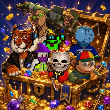 The image features a group of cartoon characters, including a tiger, a monkey, and other animals, sitting inside an open gold chest filled with various items such as diamonds, coins, and jewels. The characters are surrounded by these valuable objects, creating a sense of abundance and prosperity. The post is titled "Gone Fishing S2 drops in a couple days - more new features like instant treasure with various $APE cash prizes and NFTs Need more founders like you guys!" This suggests that the image might be related to an advertisement or promotional material for a game, product, or service involving the characters from the post. The focus on the characters' wealth and abundance could be seen as a metaphor for the rewards one can gain by participating in the offered activities or services.