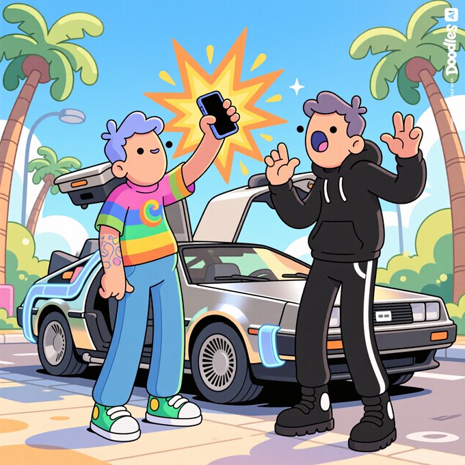 A colorful cartoon illustration shows two characters near a DeLorean-style car with palm trees in the background; one character holds up a phone with an explosive star effect while the other reacts with raised hands, signed 'Doodles' in the top right corner.