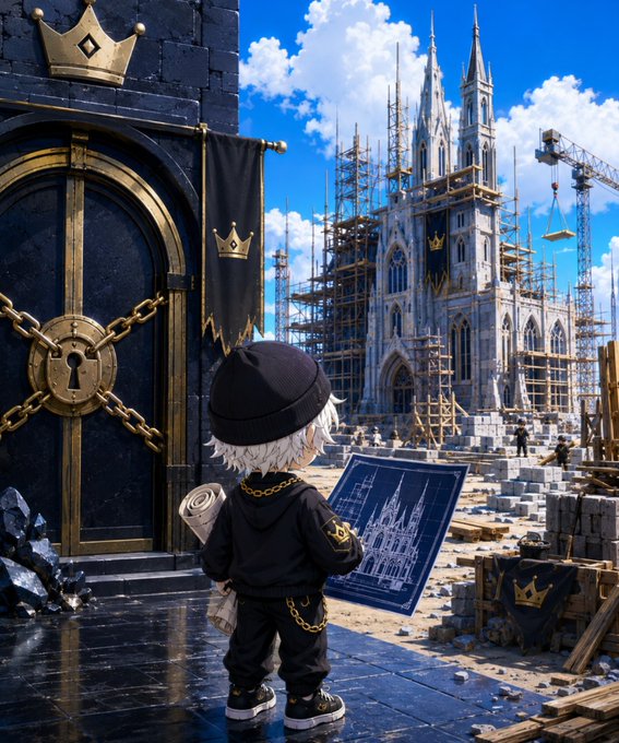 An anime-style illustration of a white-haired child in a black hoodie looking at a blueprint, standing before a large gothic cathedral under construction with scaffolding and a golden crown emblem on the doors.
