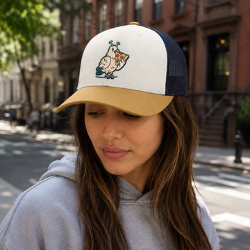 A woman wearing a cream and navy trucker hat with an owl patch and a gray hoodie looks down on a city street.