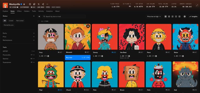 A screenshot of a WackyVille NFT collection page on a marketplace, displaying a grid of cartoonish pixel-art character NFTs with various traits and prices in ETH.