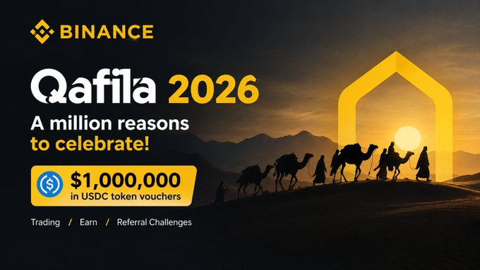 A Binance “Qafila 2026” advertisement says “A million reasons to celebrate!” and highlights “$1,000,000 in USDC token vouchers,” with “Trading / Earn / Referral Challenges” at the bottom.