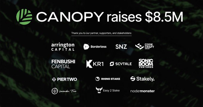 The image announces that Canopy raised $8.5M, displaying logos of partner investors including Arrington Capital, Borderless, SNZ, Fenbushi Capital, KR1, Scvtale, Sonic Boom Ventures, Pier Two, Rhino Stake, Stakely, Invidia Two, Easy 2 Stake, and node monster.

The graphic reinforces the post's main point by highlighting Canopy's successful fundraising as evidence that AI-driven software development is gaining serious investor confidence, signaling a shift where the industry's value will increasingly lie in creative ideas rather than coding itself.