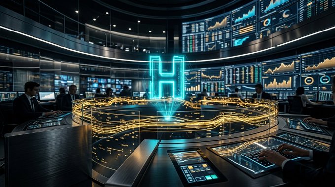 A futuristic command center or trading floor with curved walls of glowing blue data displays, analysts working at stations, and a central holographic 'H' logo above golden wave patterns.