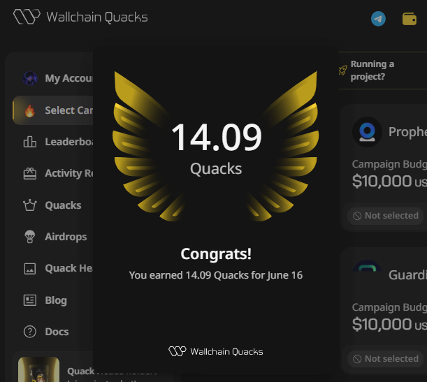 The image displays an interface for the Wallchain Quacks app, showing users their reward points, or Quacks, and the creator they matched with. The app categorizes projects based on factors like audience matchability and project value, helping users determine which projects are worth investing in or promoting to earn more Quacks. The post emphasizes that focusing on projects with highly engaged creators can yield better results than projects with a large but unrelated audience.