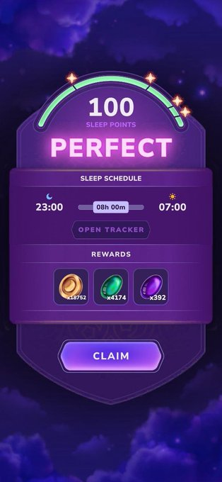 A mobile game screenshot showing '100 SLEEP POINTS PERFECT' with a sleep schedule of 23:00 to 07:00 and a 'CLAIM' button for rewards including gold coins, green gems, and purple gems.