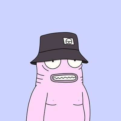 A pink cartoon shark character wearing a black bucket hat with a small logo, displayed against a light blue background, likely serving as promotional artwork for "The Toppers" NFT free mint on OpenSea featuring 444 items.