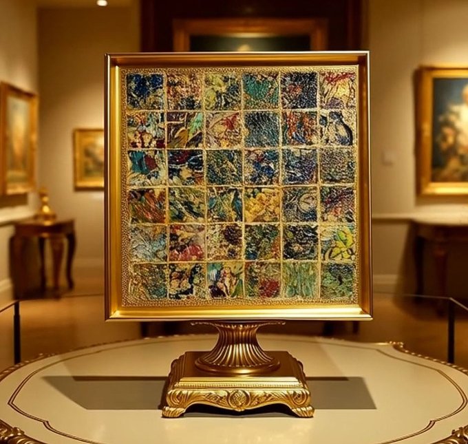 An ornate gold-framed mosaic artwork composed of colorful abstract tiles displayed in an elegant gallery setting. The image illustrates the post's reference to a "real world art reward," showcasing an exquisite decorative piece as an example of the tangible artistic backing provided to holders.