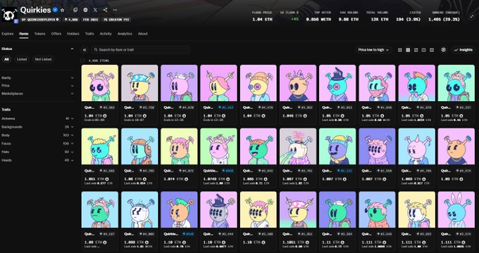 A screenshot of the OpenSea Quirkies NFT marketplace displays a grid of colorful cartoon character profile pictures with their floor prices listed in ETH.