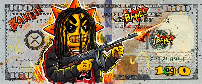 Artwork depicting a stylized doll with long dark hair and an evil grin holding a submachine gun on a modified hundred-dollar bill with 'BANG!' graffiti and '100' numbers.