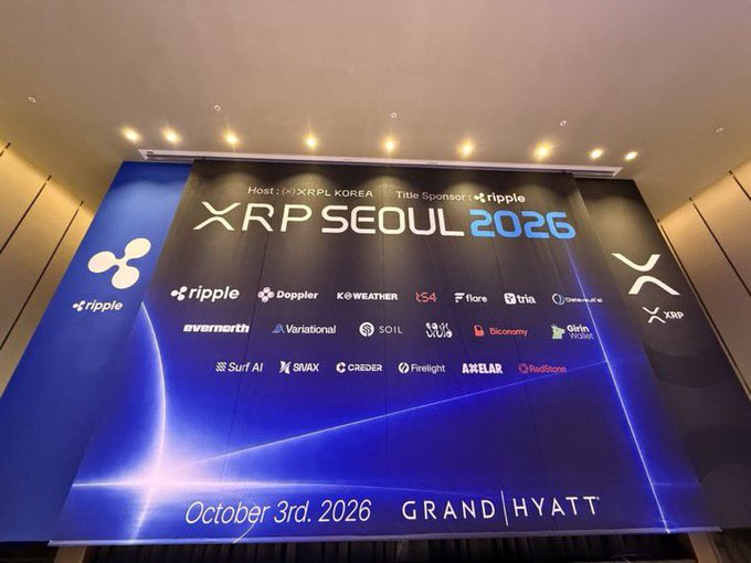 A large promotional banner for "XRP SEOUL 2026" hosted by XRPL KOREA and sponsored by Ripple, scheduled for October 3rd, 2026 at Grand Hyatt, featuring logos of various partners.