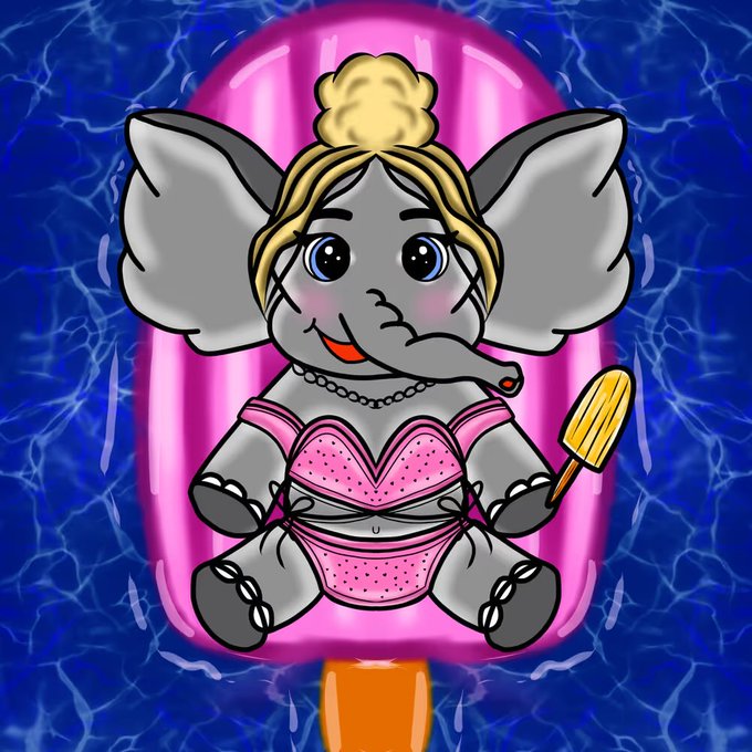 A cartoon baby elephant in a pink polka-dot bikini lounges on a pink inflatable floatie while holding a popsicle, set against a sparkling blue water background. The cute character art serves as the mascot for a project being promoted on OpenSea, with the post noting the elephant is an NFT collectible available on the marketplace.